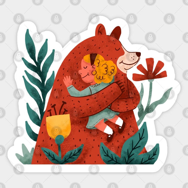 Girl Hugging Bear Hand drawn Sticker by Mako Design 